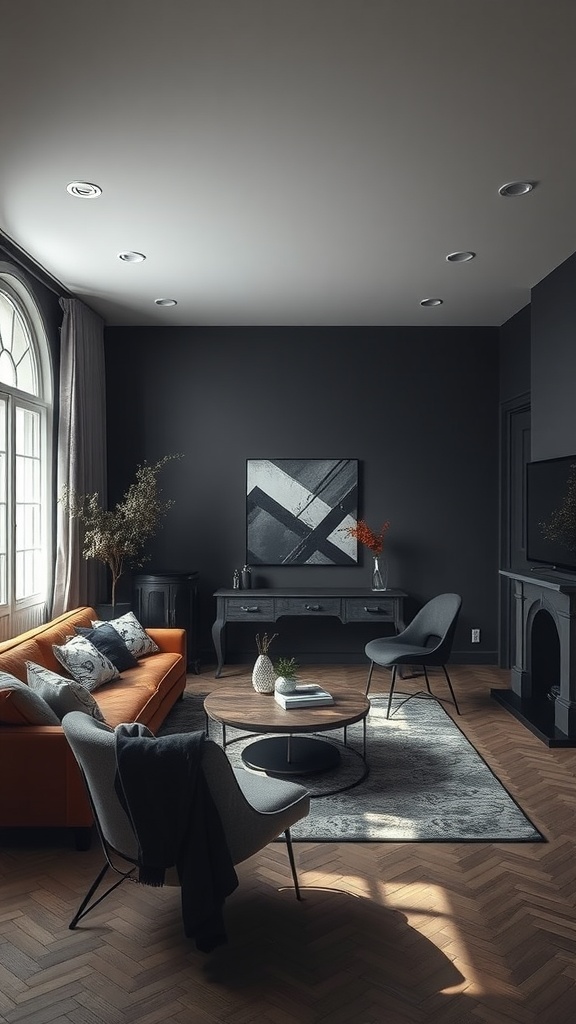 A modern Gothic living room featuring layered lighting, an orange sofa, gray chairs, and a dark accent wall.