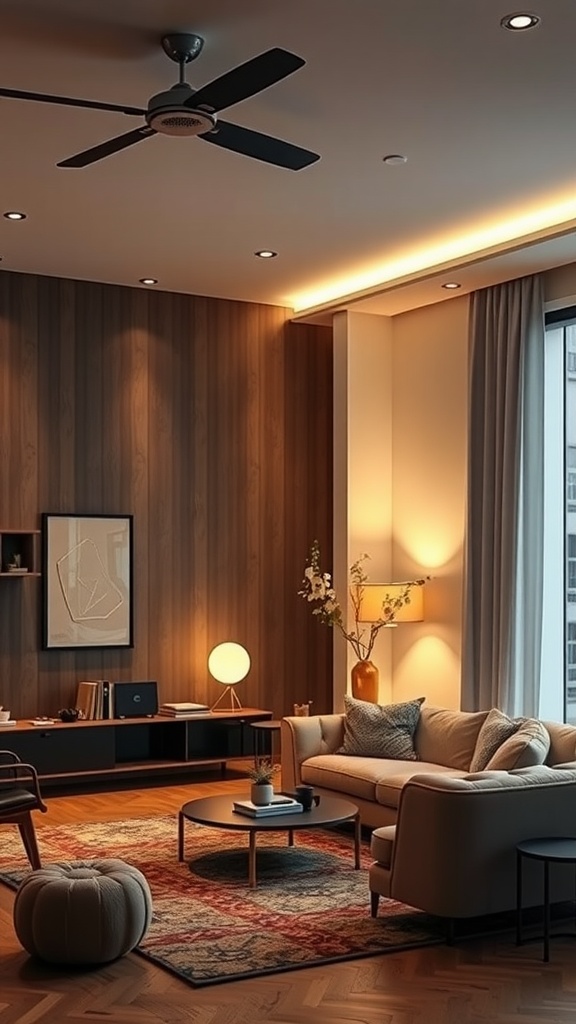 A cozy living room with layered lighting featuring a ceiling fan, floor lamp, wall-mounted lights, and a comfortable sofa
