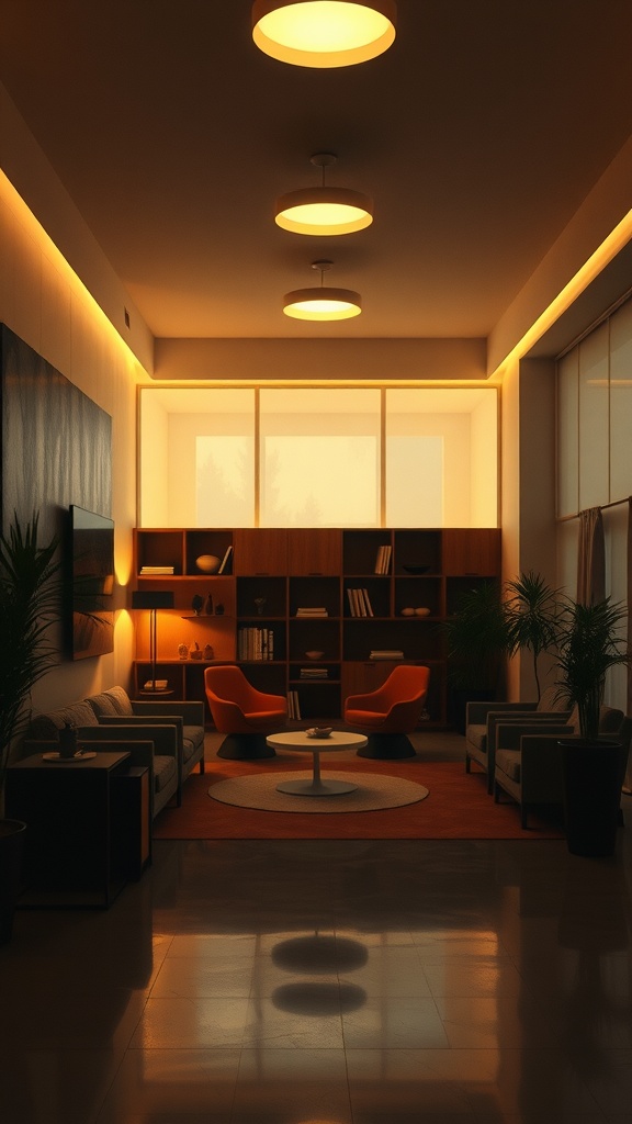 A cozy mid-century modern living room with layered lighting techniques, showcasing warm overhead lights and a floor lamp.