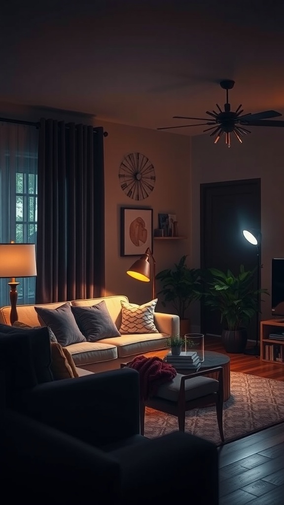 A living room with layered lighting featuring a ceiling fan, floor lamp, and table lamp, creating a cozy atmosphere.
