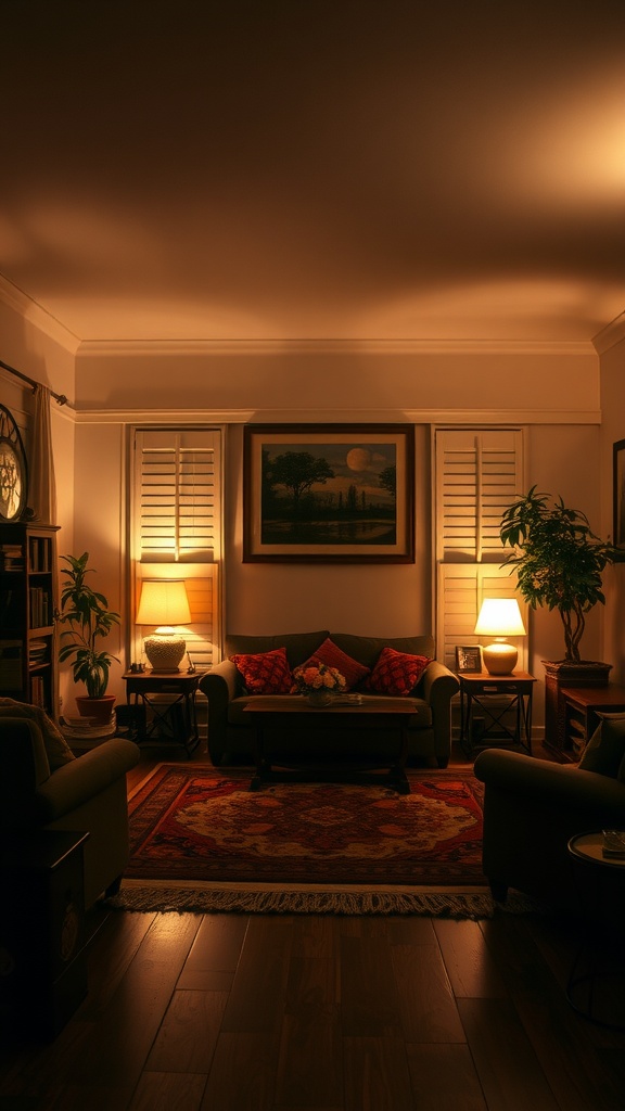 A cozy living room with layered lighting, featuring a glow from lamps and soft textures.