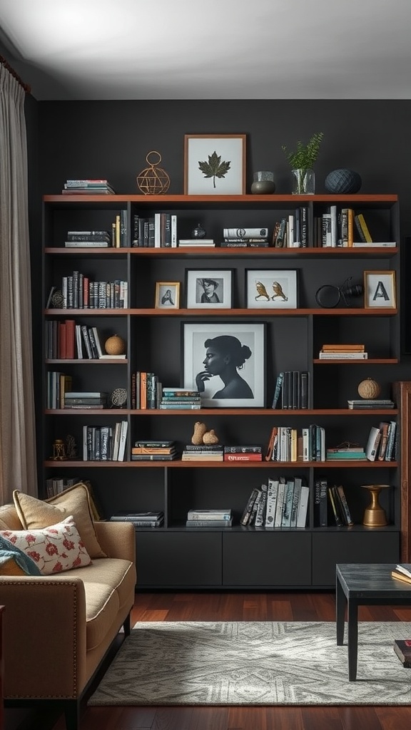 A cozy living room with dark walls, a stylish shelving unit filled with books and decor, and a comfortable sofa.