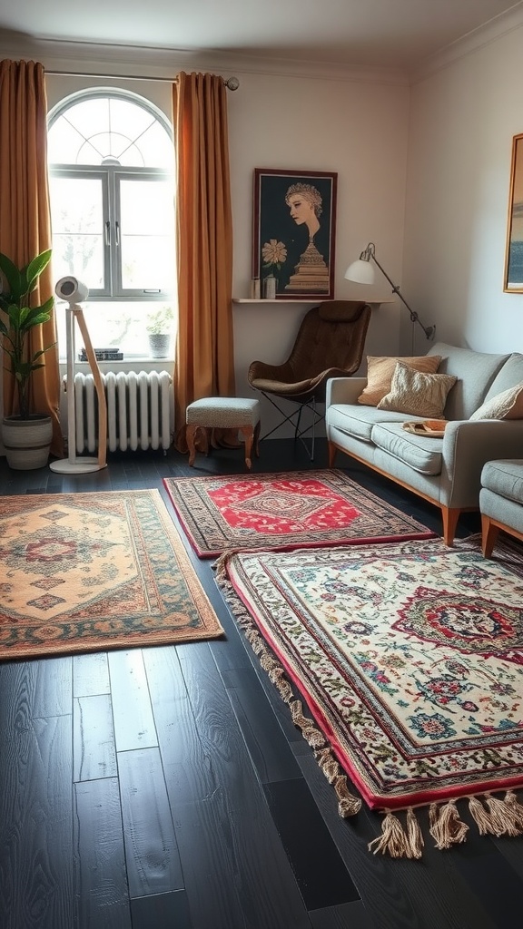 A cozy living room with layered rugs showcasing intricate designs on dark flooring.