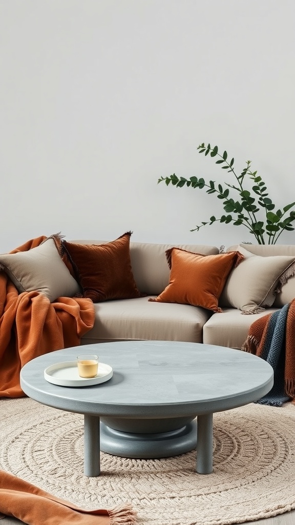 A cozy living room with a grey circular coffee table, beige sofa with orange velvet cushions, and a green plant.