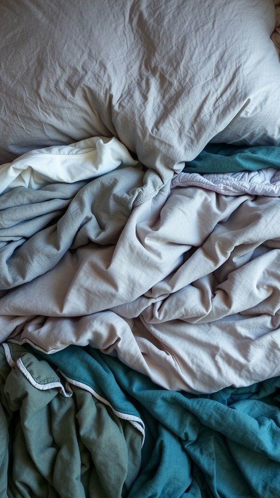 A close-up view of layered grey and teal bedding with various textures.