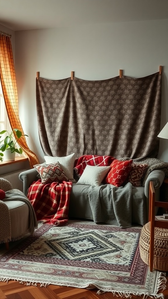 Cozy living room with layered textiles, featuring a sofa with colorful pillows, a patterned blanket on the wall, and an intricate rug.