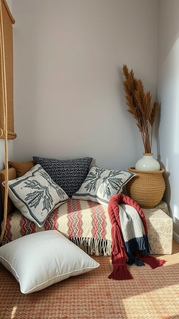 Cozy reading nook with layered textures, pillows, and natural decor