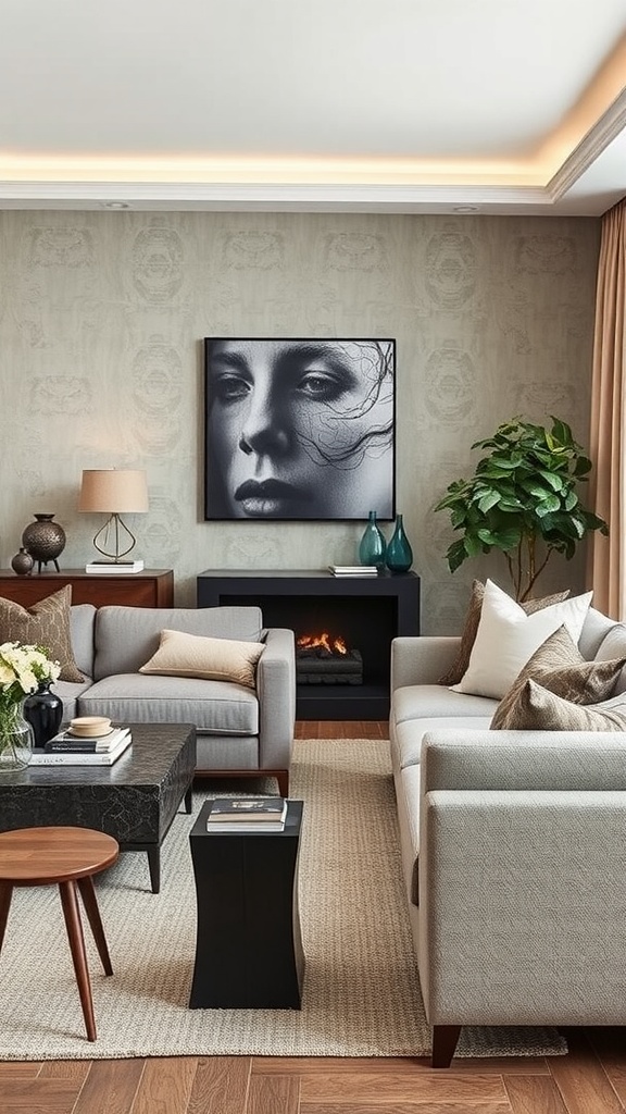 A cozy living room with layered textures in furnishings, featuring neutral-toned sofas, a dark marble coffee table, and a striking wall art piece.