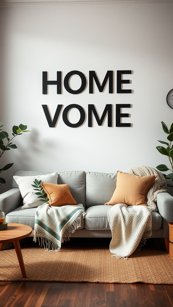 A cozy home office setup featuring a couch with layered textures and decorative pillows.