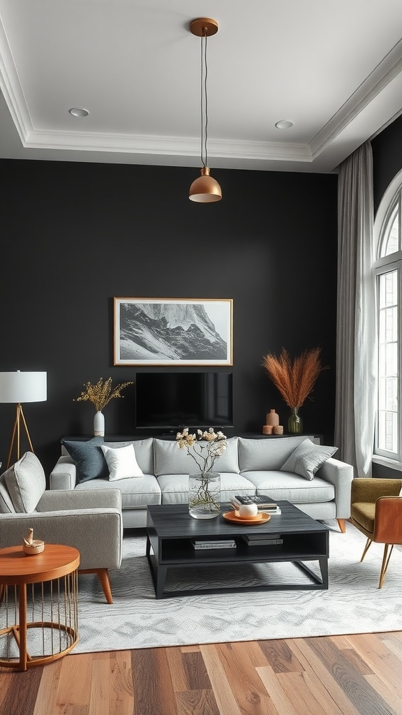 A stylish living room featuring a dark wall, light gray sofa, and eclectic decor elements.