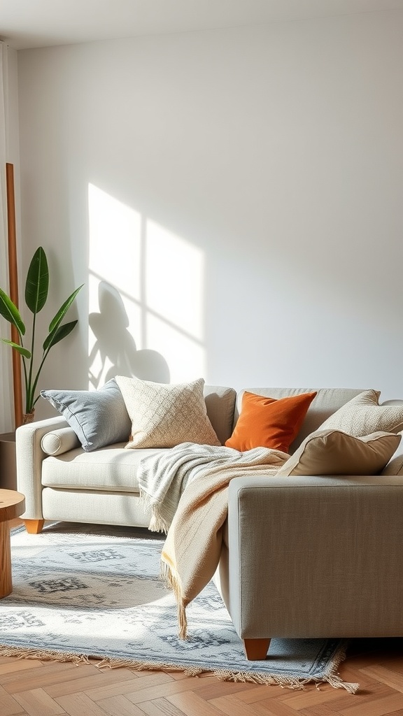 Cozy living room with a sofa layered with various cushions and a throw, featuring natural lighting and a plant.