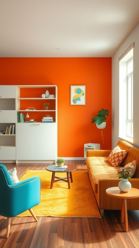 A mid-century modern living room with an orange wall, colorful furniture, and a cozy atmosphere.