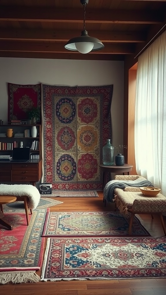 A cozy mid-century modern living space featuring layered rugs and textiles, with wooden floors and warm lighting.