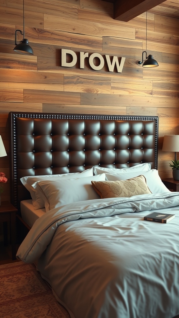 A cozy bedroom featuring a leather upholstered headboard, wooden walls, and soft bedding.