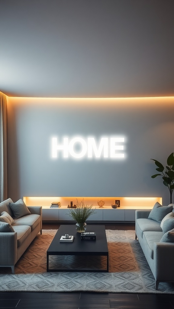 A modern living room with LED backlit artwork saying 'HOME' on the wall, featuring cozy sofas and a stylish coffee table.
