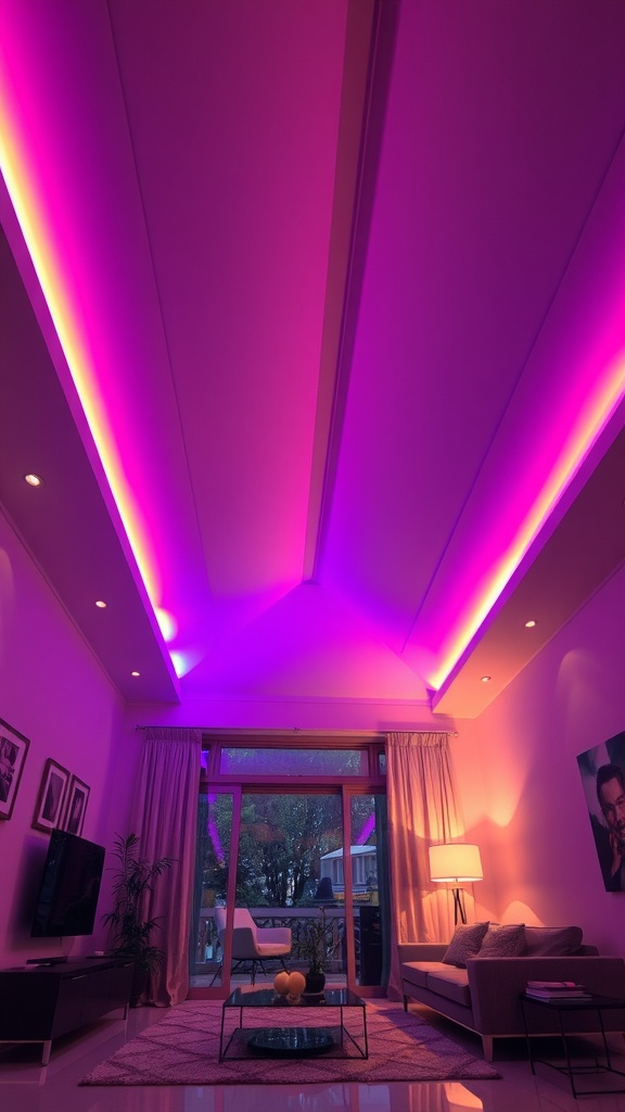 A cozy living room with vaulted ceiling featuring colorful LED strip lights.