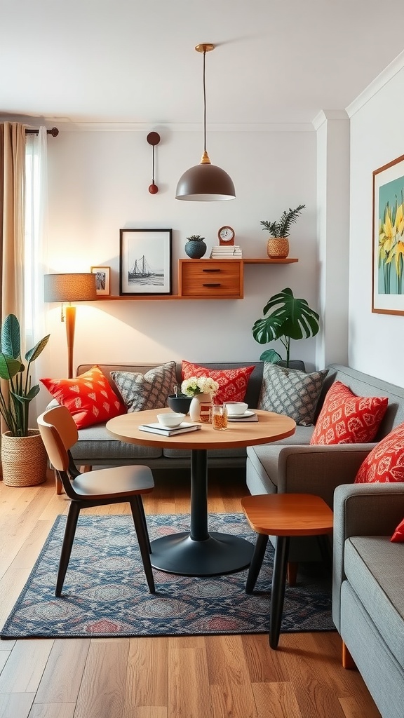 Cozy small living room with a round dining table, stylish decor, and warm lighting