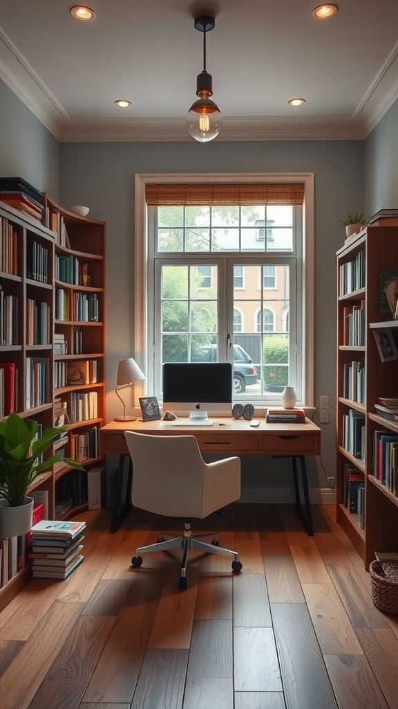 A cozy library-inspired home office with bookshelves, a desk by a window, and a modern chair.