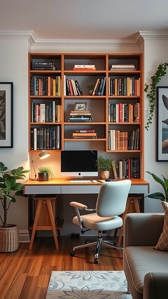 A cozy library ladder desk integrated into a living room, featuring shelves filled with books, a computer, and a comfortable chair.