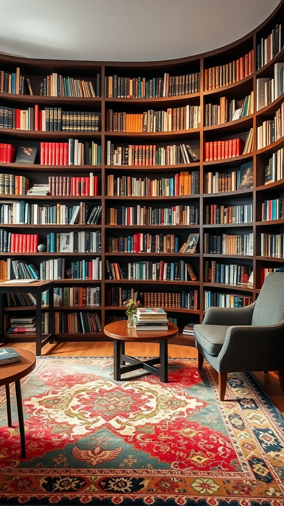 A cozy library with a curved bookshelf, comfortable seating, and a colorful statement rug.