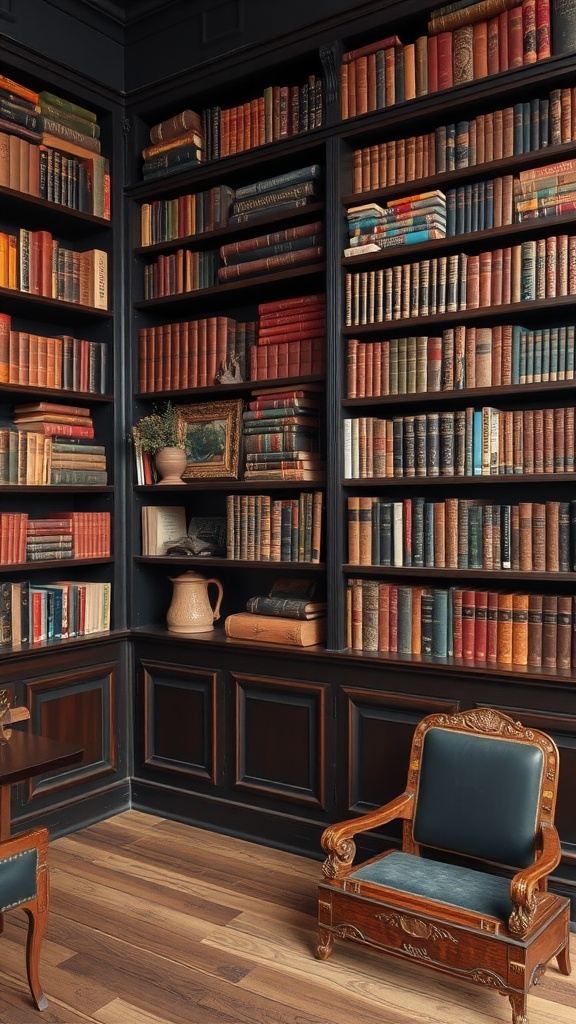 A cozy library wall with dark wood shelves filled with various books and a vintage chair.