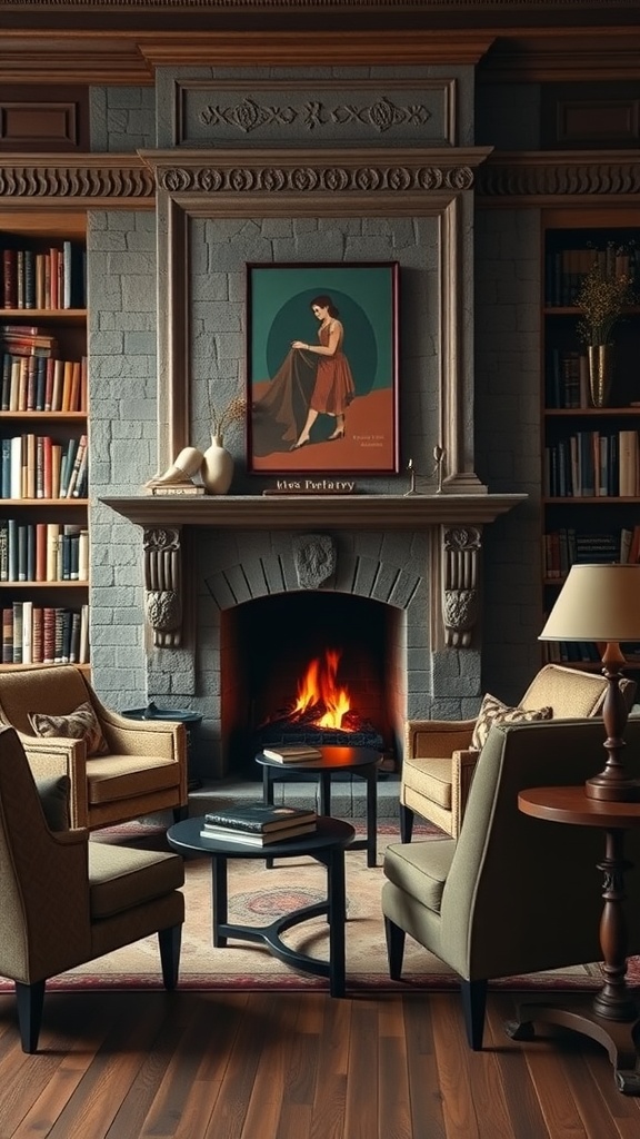 Cozy home library with a fireplace, plush seating, and bookshelves filled with books