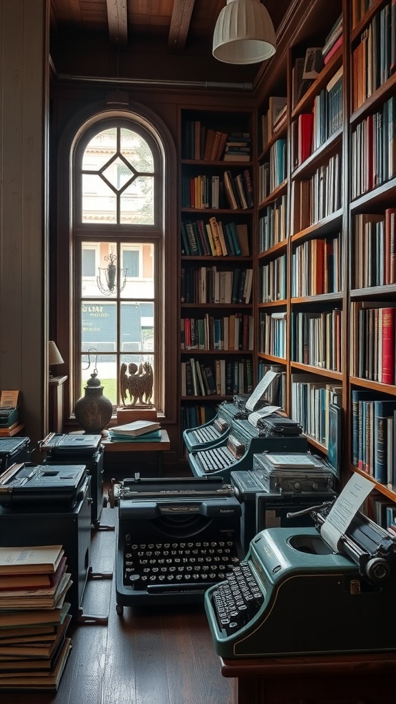 A cozy library with wooden shelves filled with books and vintage typewriters scattered around, illuminated by natural light from a window.