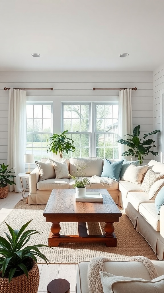 A light and airy farmhouse living room featuring a cozy sectional, wooden coffee table, and indoor plants.