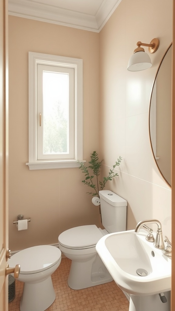 Small bathroom with light beige walls, white fixtures, and natural light.