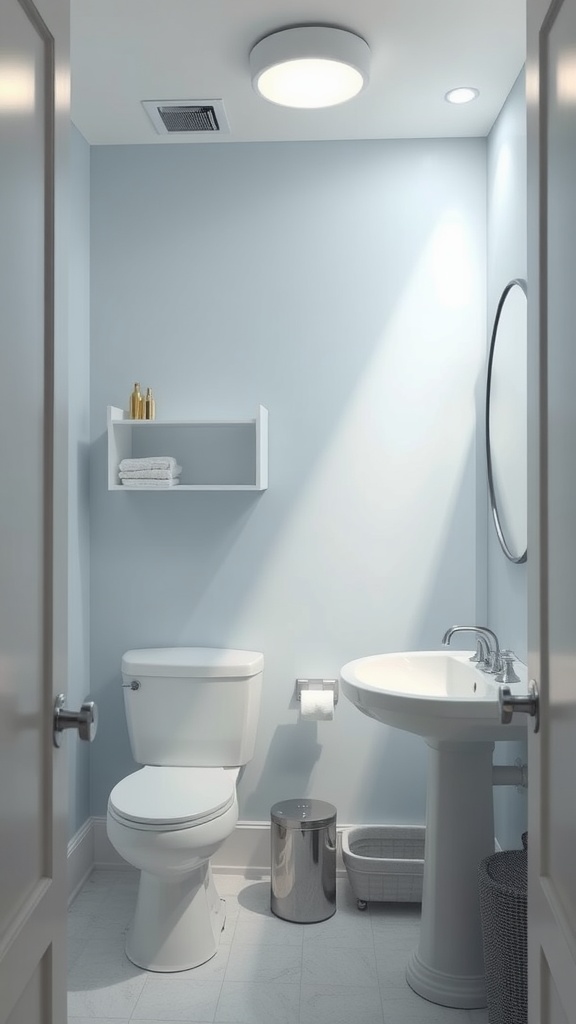 A small bathroom painted in light blue with modern fixtures and lighting.