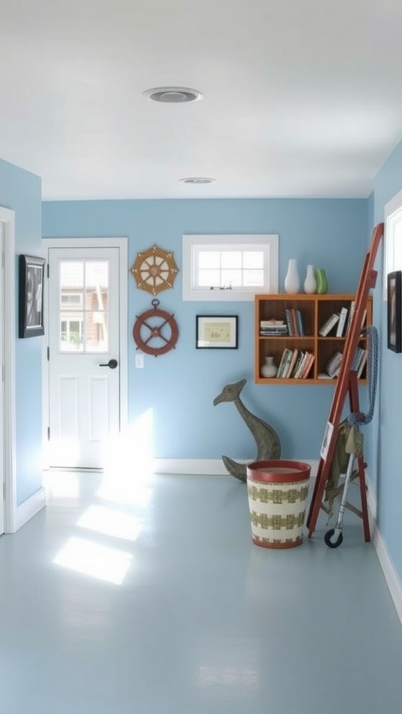 A brightly lit basement with light blue walls, white trim, and decorative accents including bookshelves and a red and white basket.