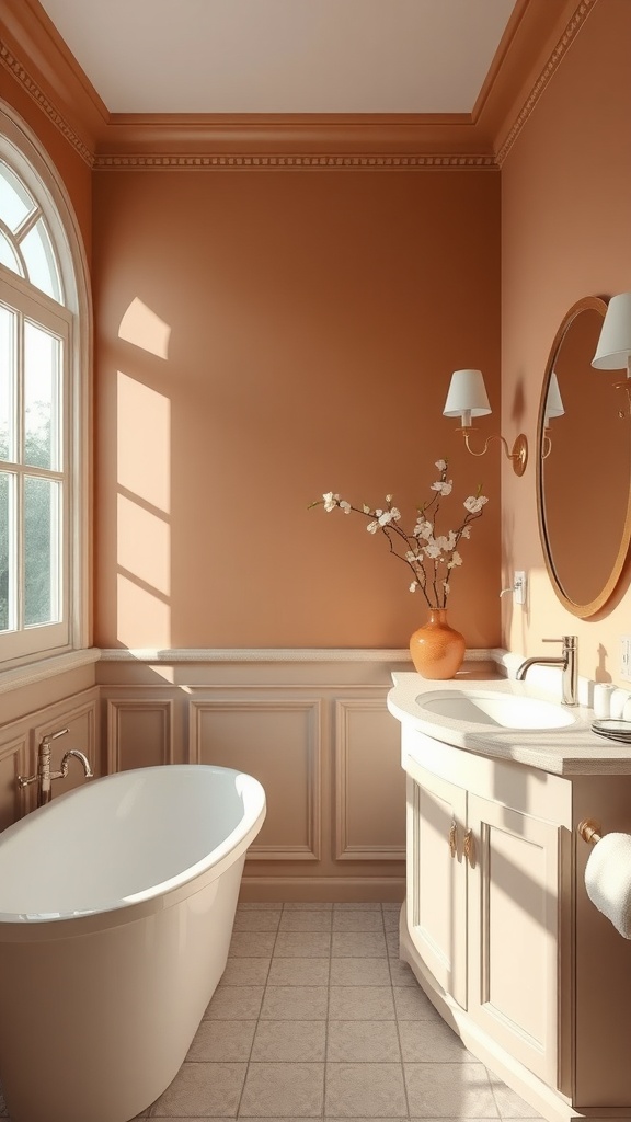 A cozy bathroom featuring light brown walls, a freestanding bathtub, and elegant fixtures.