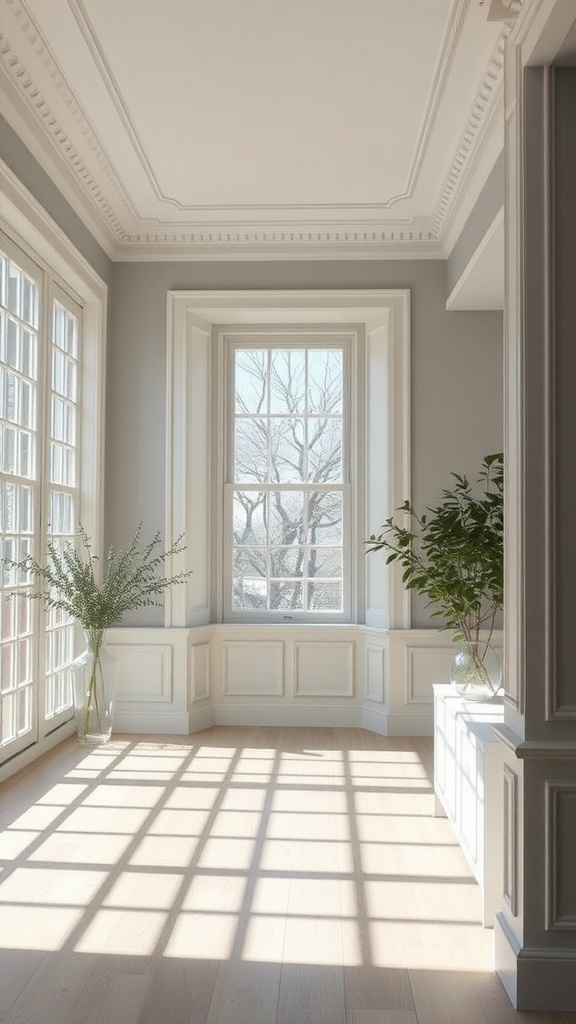 A bright room featuring light French gray walls, large windows, and plants, showcasing a calm and elegant atmosphere.