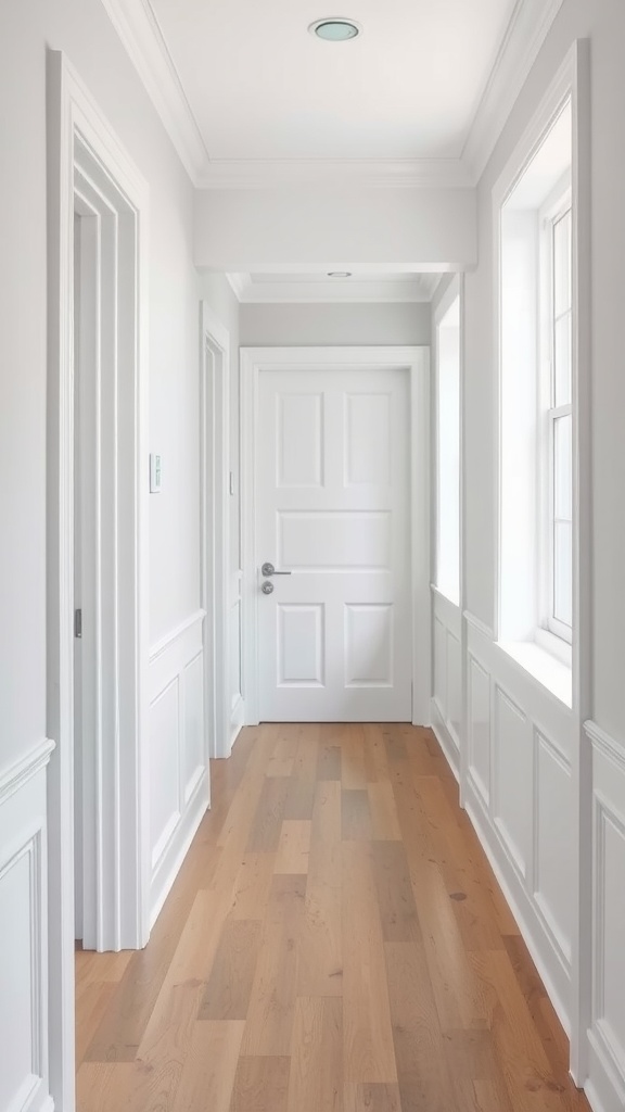 A bright hallway featuring Light French Gray walls, white trim, and wooden floors