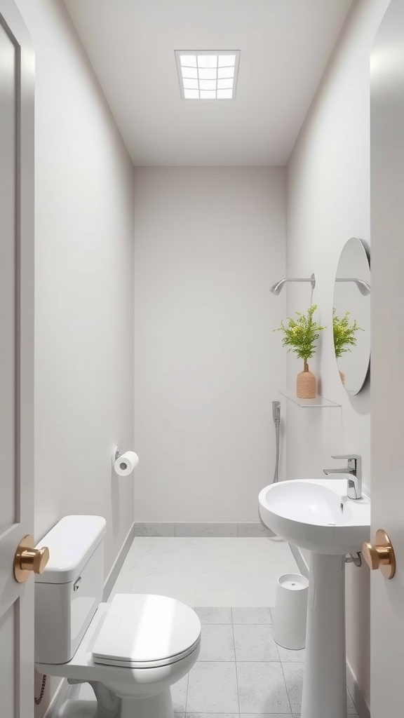 A small bathroom painted in light gray with modern fixtures and natural decor.
