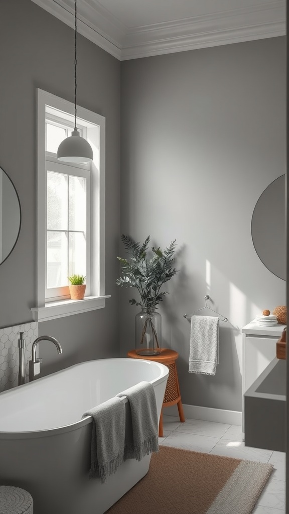 A serene bathroom with light gray walls, a white freestanding tub, and natural decorations.