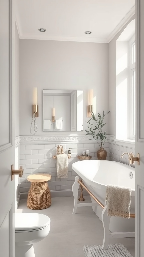 A modern light gray bathroom featuring a freestanding tub, warm lighting, and natural decor.