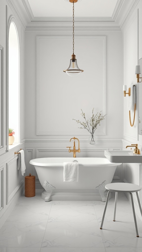 A light gray bathroom featuring a clawfoot bathtub and elegant gold fixtures.