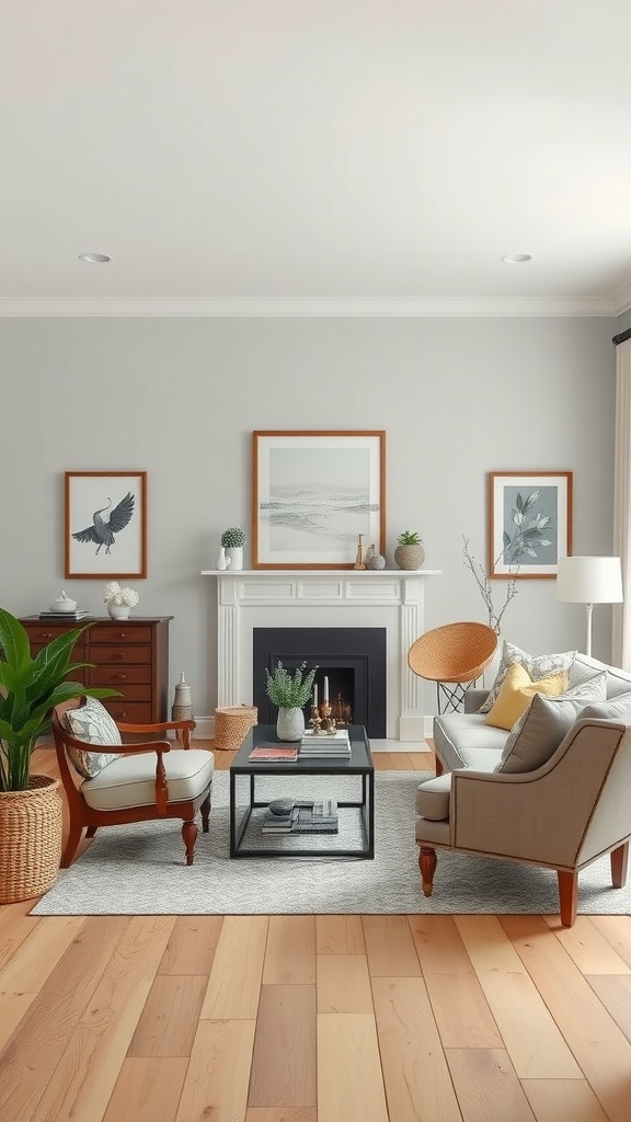 A modern farmhouse living room with light gray walls, comfortable furniture, and natural light.