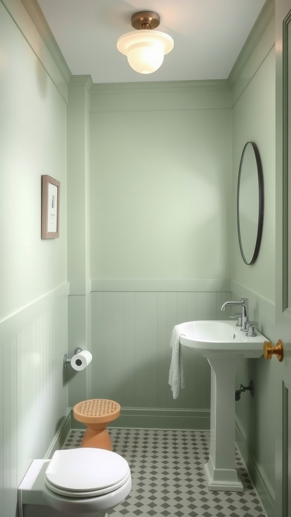 A small bathroom painted in light green with a wooden stool, a sink, and patterned flooring.