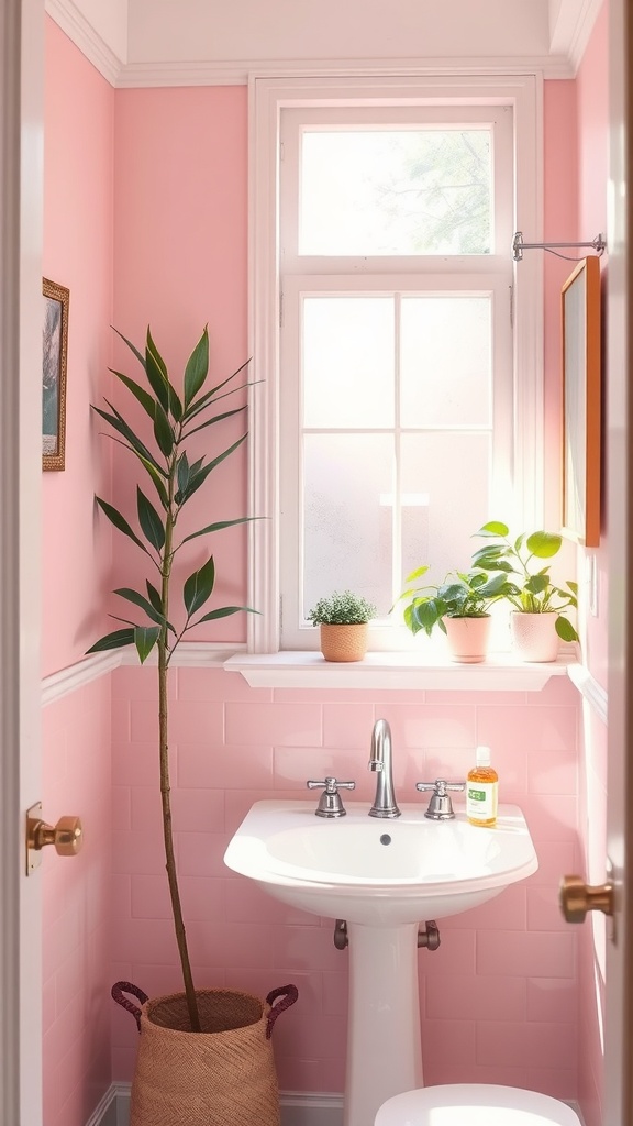 A small bathroom painted in light pink with plants and white fixtures.