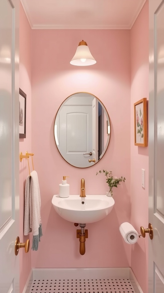 Small bathroom painted in light pink, featuring a round mirror and gold accents.