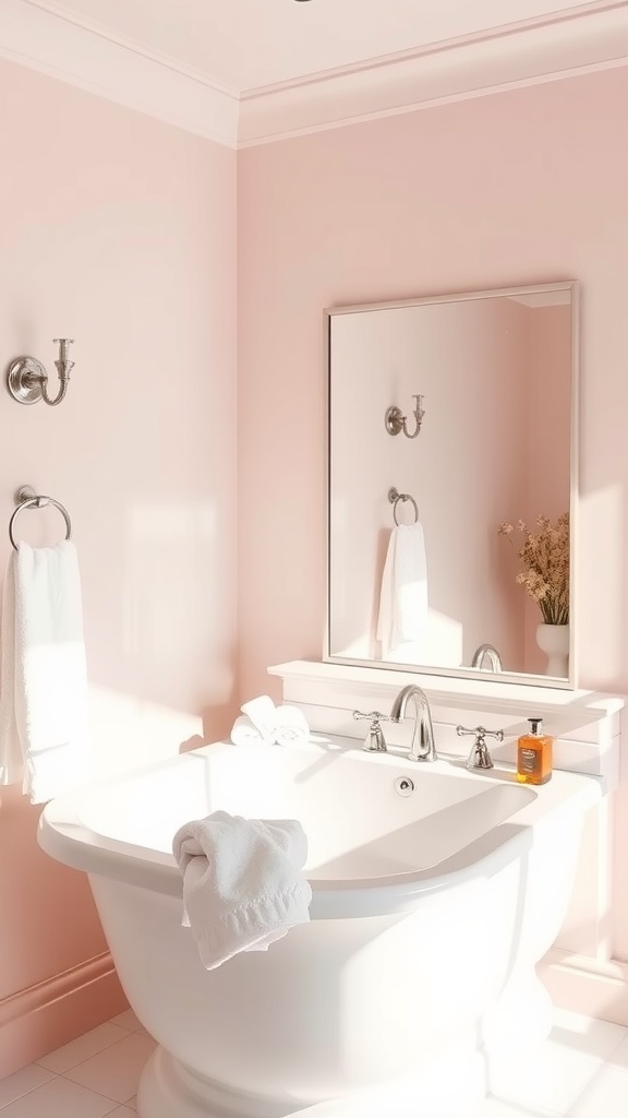 A bathroom painted in light pink with a white bathtub, silver fixtures, and natural light.