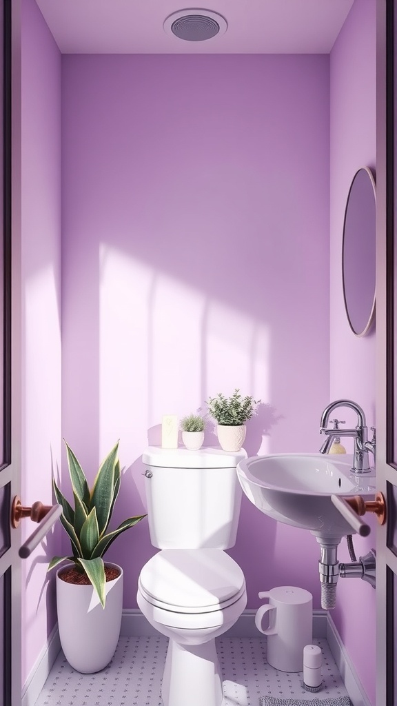 A small bathroom painted in soft light purple with white fixtures and plants.