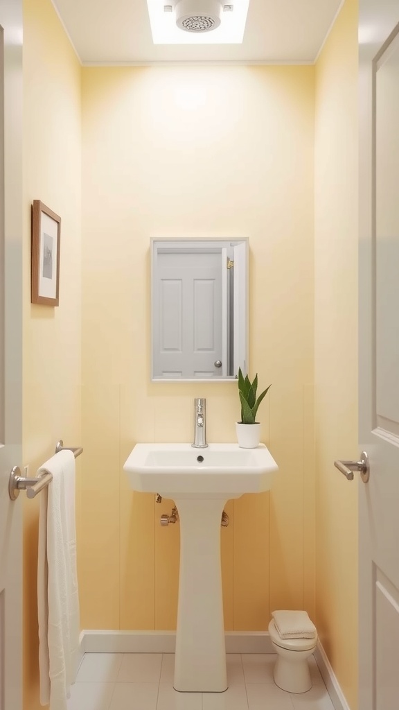 A small bathroom painted in light yellow with a modern sink and a potted plant