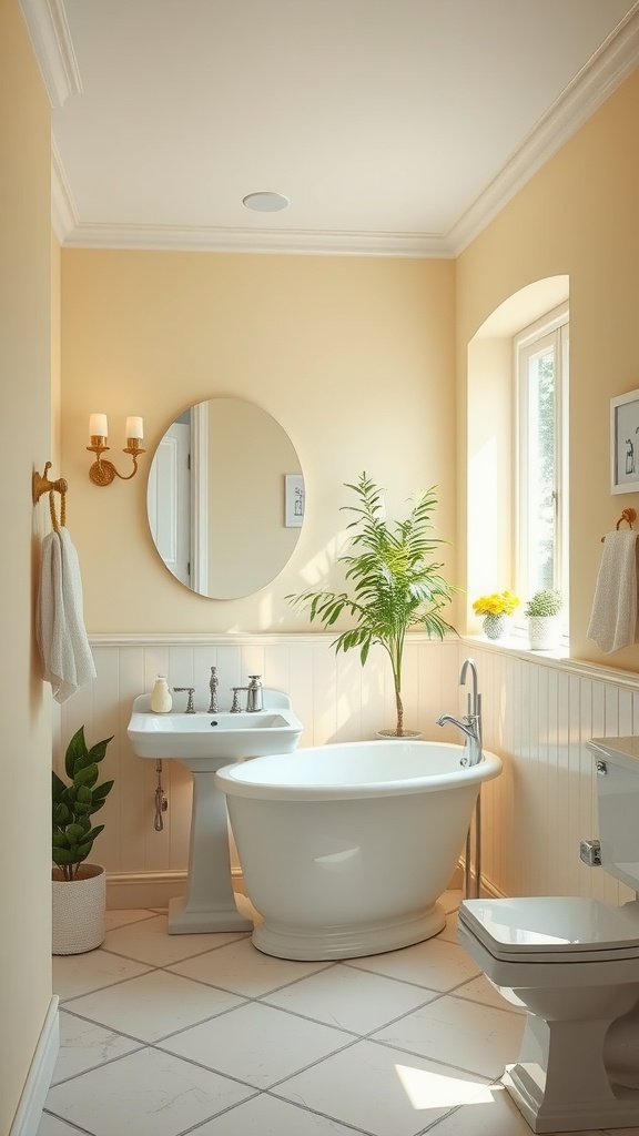 A bright and cheerful bathroom featuring light yellow walls, a white bathtub, and greenery.