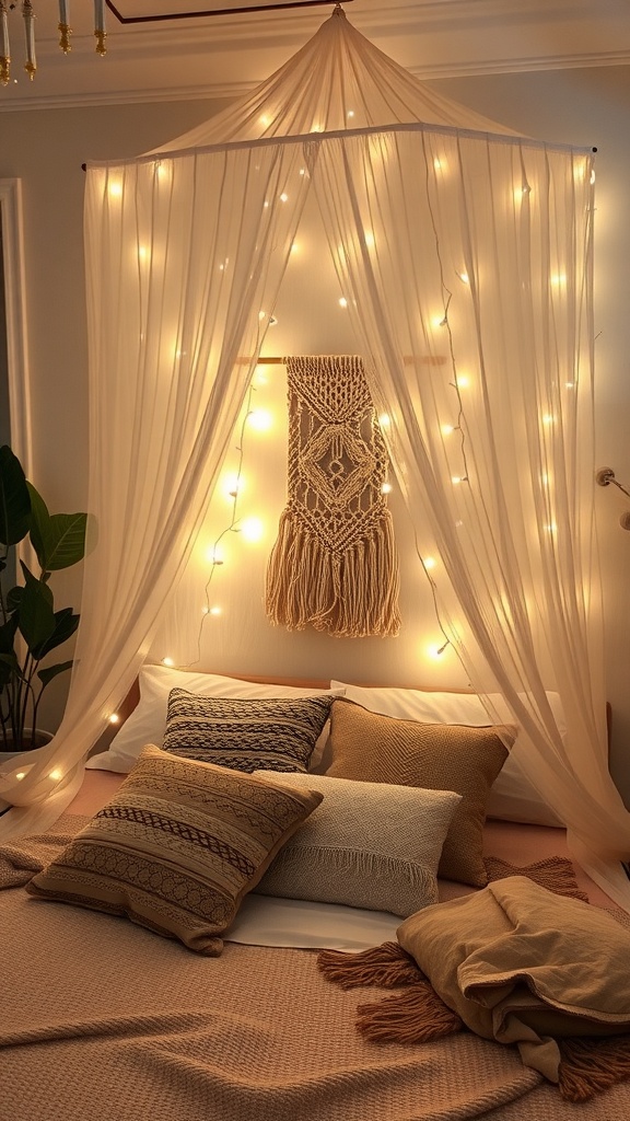 A cozy bedroom with a lighted canopy over the bed, decorated with vibrant textiles and plants.