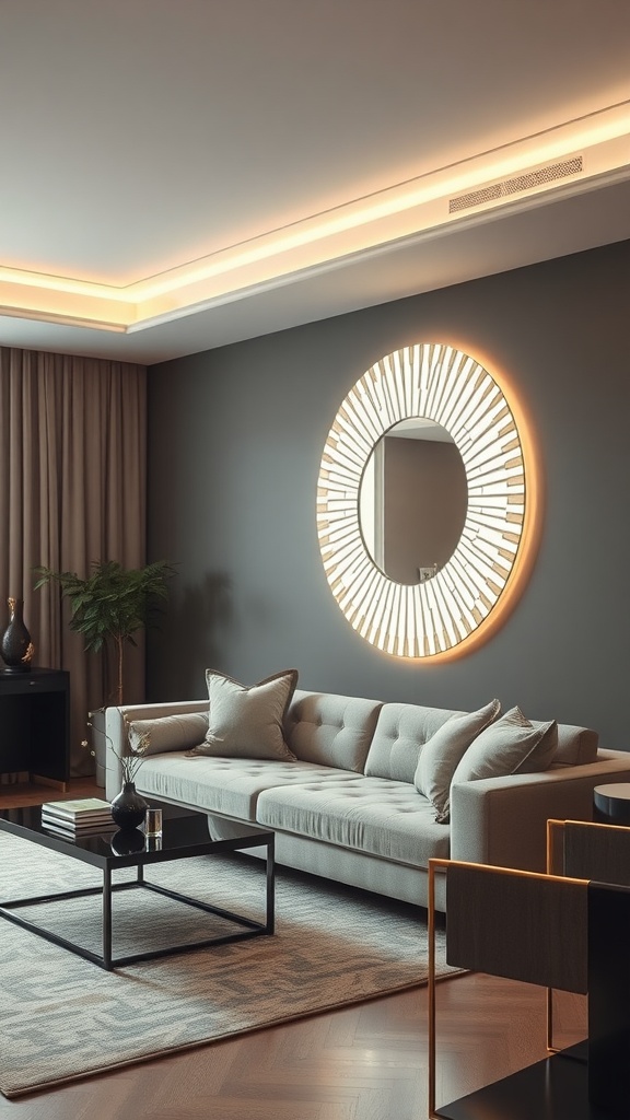 A stylish living room featuring a lighted decorative mirror above a grey sofa, creating an inviting ambiance.