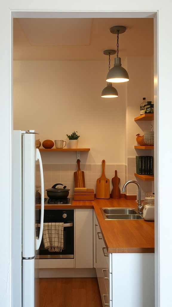 A small kitchen with pendant lighting, showcasing a cozy and inviting space.