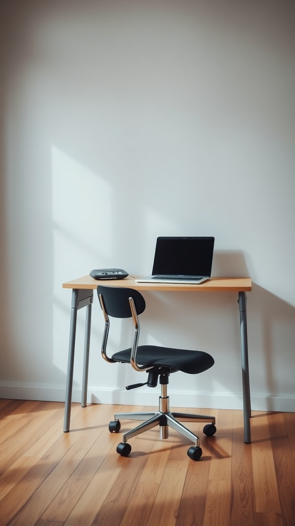 A minimalist small home office setup featuring a desk and chair with a laptop and calculator on the desk.
